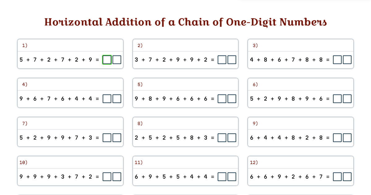 Horizontal Addition of a Chain of One-Digit Numbers | Interactive ...