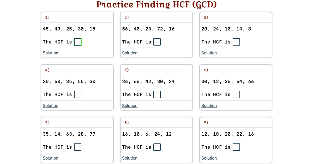 Practice Finding HCF (GCD) | Interactive HCF Worksheet