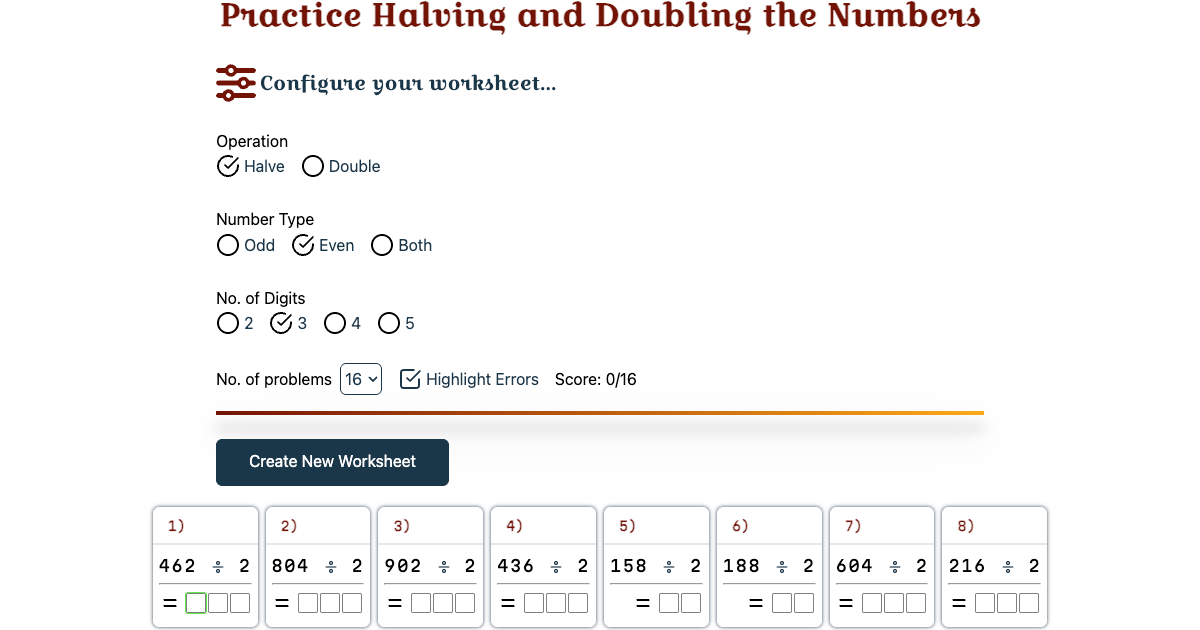 Practice Halving and Doubling the Numbers