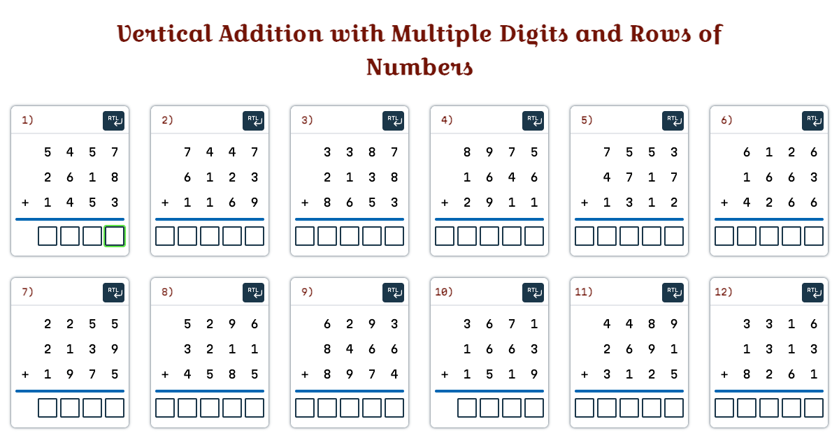 Vertical Addition with Multiple Digits and Rows of Numbers ...